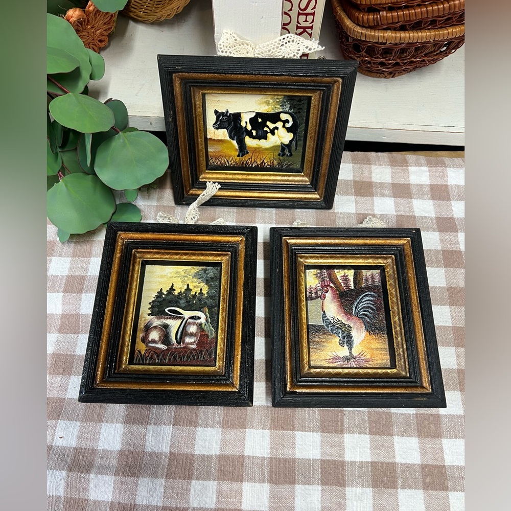 Framed farm animals small miniature wall decor black gold regency